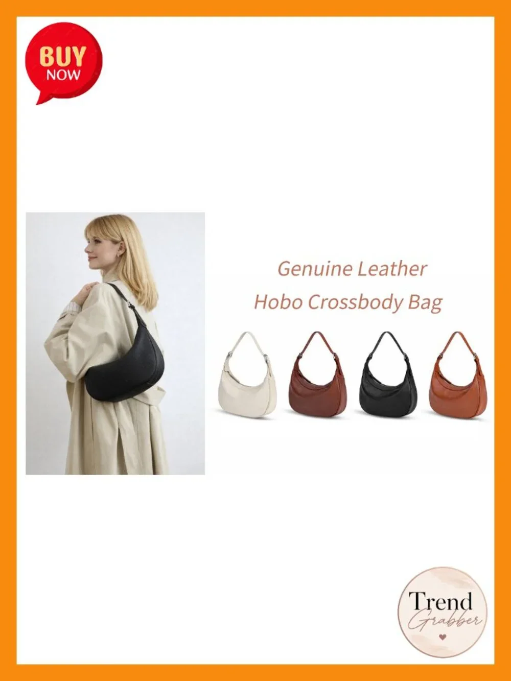 Genuine Leather Hobo Crossbody Bag with Two Adjustable Straps